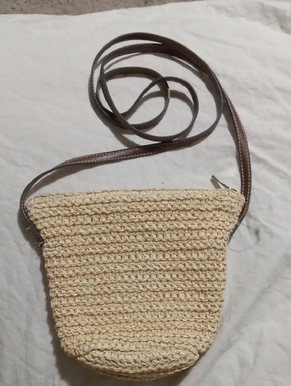 Small Straw Crossbody Bag with Brown Strap - Cream